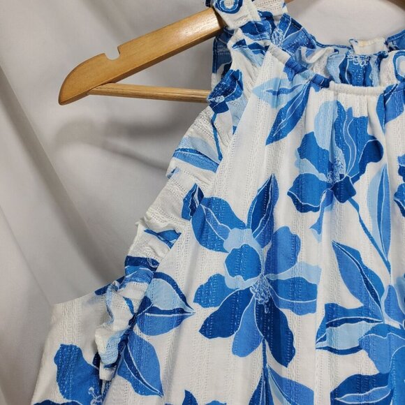 Clover And Sloane Women's Blue Fit & Flare Dress Floral Ruffle Size L (C-7) - Picture 5 of 13